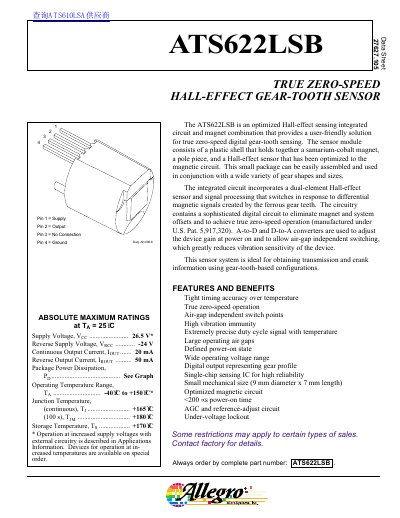 Allegro Microsystems ATS622LSB True Zero-Speed Gear-Tooth Sensor Datasheet - cover page