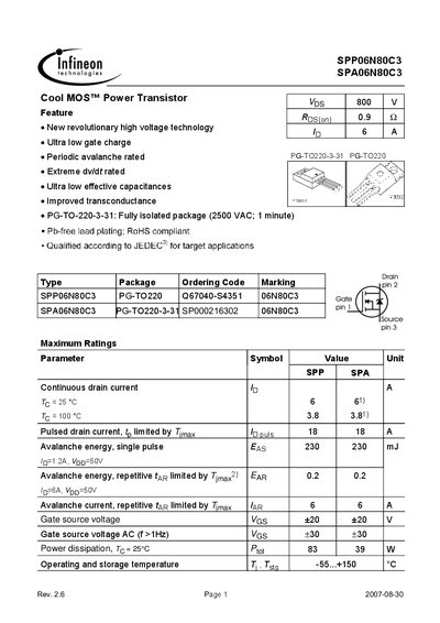 Infineon SPP06N80C3/SPA06N80C3 Cool MOS Power Transistor Datasheet - cover page