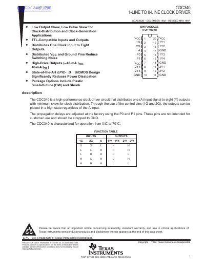 Texas Instruments CDC340K 1-Line to 8-Line Clock Driver Datasheet - cover page