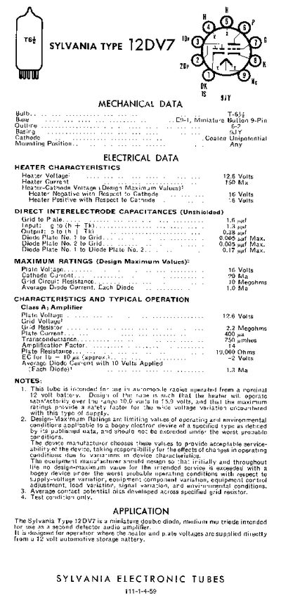 Sylvania 12DV7 Electronic Tube Datasheet - cover page