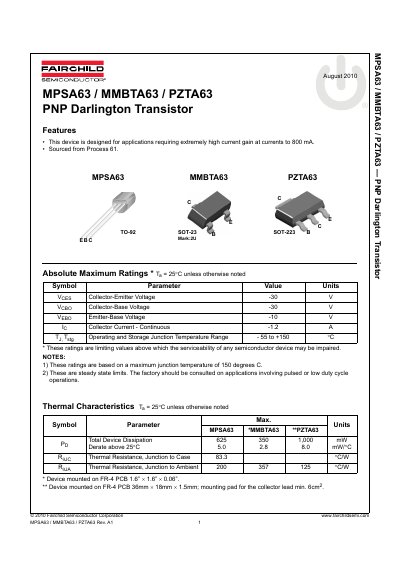 Fairchild MPSA63/MMBTA63/PZTA63 PNP Darlington Transistor Datasheet - cover page