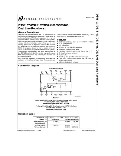 National Semiconductor DS55107/DS75107/DS75108/DS75208 Dual Line Receivers Manual - cover page