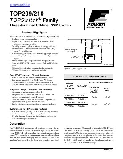 Power Integrations TOP209/210 Three-terminal Off-line PWM Switch Datasheet - cover page