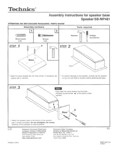 Panasonic SB-MP481 Speaker Base Assembly Instructions - cover page