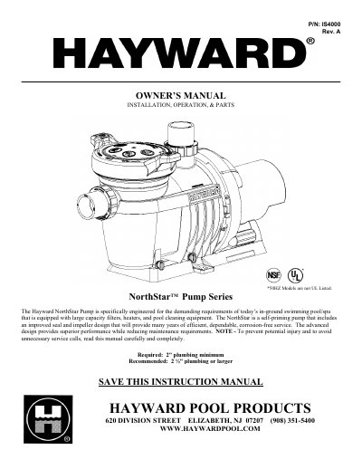 Hayward IS4000 NorthStar Pump Owner's Manual - cover page