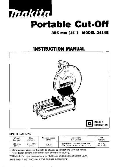 Makita 2414B Portable Cut-Off 355 mm (14”) Instruction Manual - cover page