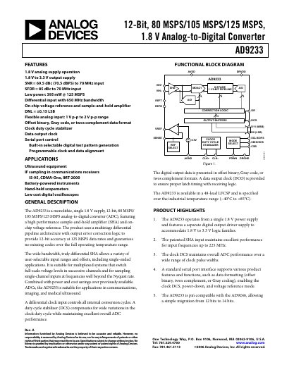 Analog Devices AD9233 12‑Bit ADC Datasheet
