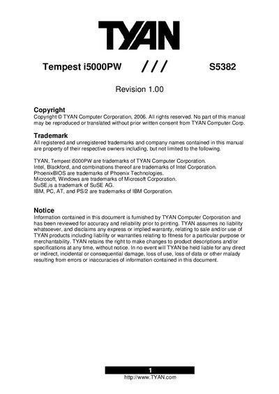 TYAN Tempest i5000PW User Manual - cover page