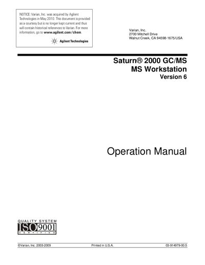 Agilent Saturn 2000 GC/MS MS Workstation Version 6 Operation Manual - cover page