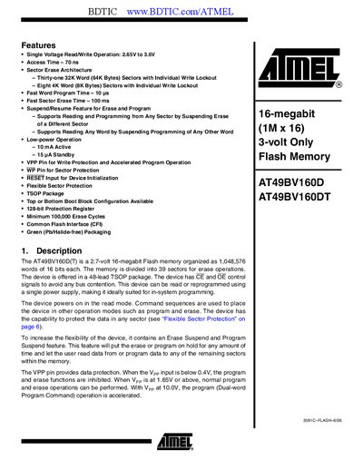 Atmel AT49BV160D(T) Flash Memory Datasheet - cover page