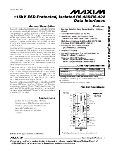 MAXIM MAX1480E/MAX1490E Manual - cover page