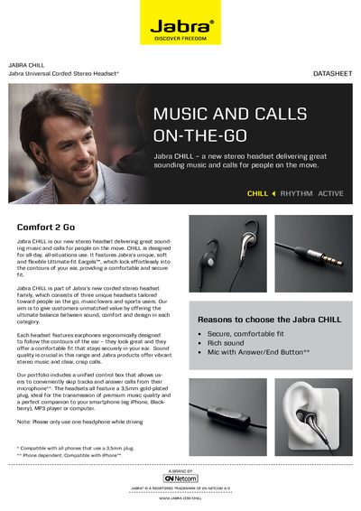 Jabra CHILL Stereo Headset Datasheet and Quick Start Guide - cover page