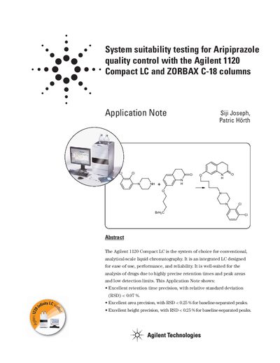 Agilent System suitability testing for Aripiprazole quality control with the Agilent 1120 Compact LC ZORBAX C-18 columns Application Note - cover page