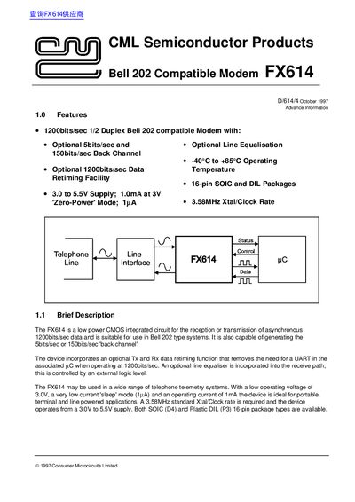 CML Semiconductor Products FX614 Bell 202 Compatible Modem Datasheet - cover page