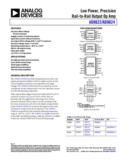 Analog Devices AD8622/AD8624 Low Power Precision Rail-to-Rail Output Op Amp Datasheet - cover page