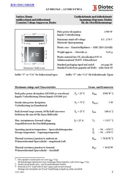 Diotec 1.5 SMCJ 6.5 to 170CA Transient Voltage Suppressor Datasheet - cover page