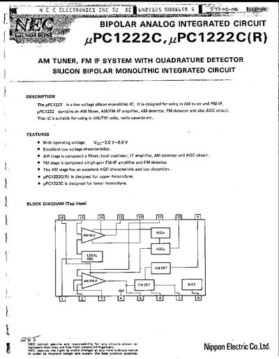 NEC uPC1222C AM/FM Tuner IC Datasheet - cover page