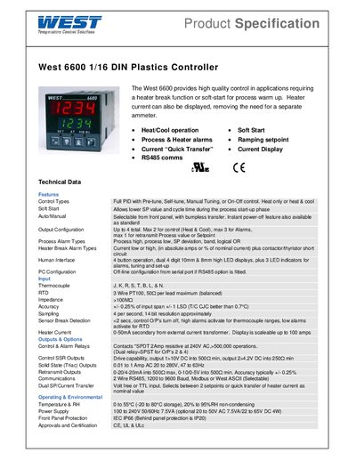 West 6600 1/16 DIN Plastics Controller Product Specification - cover page