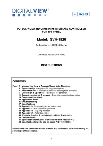 DIGIALVIEW PC DVI VIDEO HD-Component INTERFACE CONTROLLER FOR TFT PANEL Model: SVH-1920 Part number : 41696004X-3 or up [Firmware version : V0.36.00] INSTRUCTIONS  - cover page