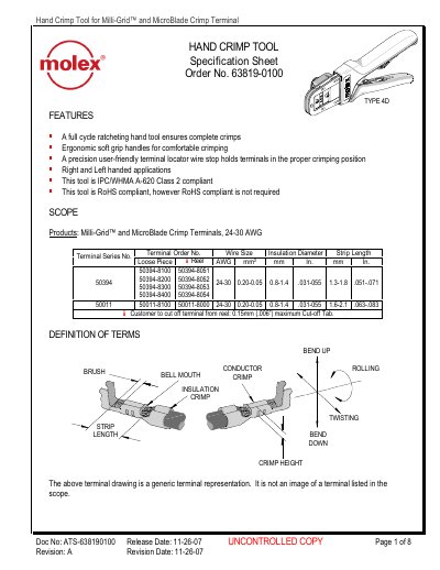 MOLEX HAND CRIMP TOOL Specification Sheet Order No. 63819-0100 - cover page