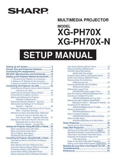 SHARP XG-PH70X/PH70X-N Projector Manual - cover page