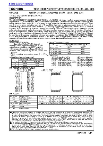 TOSHIBA TC551001CPI/CFI/CFTI/CTRI/CSTI/CSRI-70 -85 -70L -85L