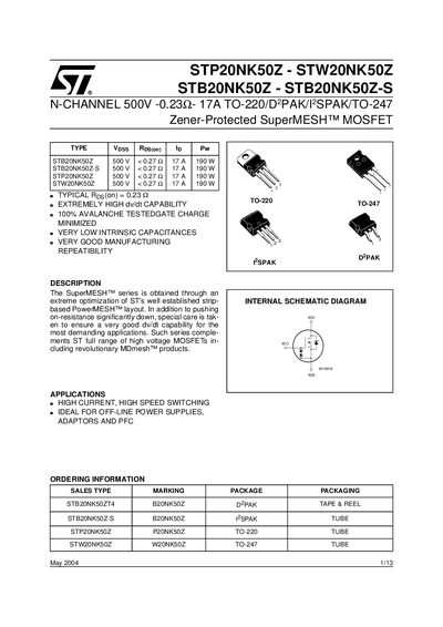 STMicroelectronics STP20NK50Z / STB20NK50Z / STW20NK50Z / STB20NK50Z‑S Datasheet - cover page
