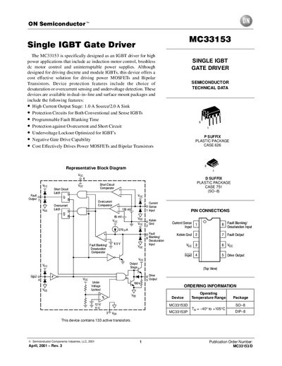 ON Semiconductor MC33153 IGBT Gate Driver Datasheet - cover page