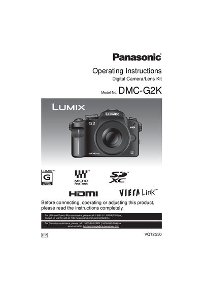 Panasonic DMC-G2Kcamera Manual - cover page