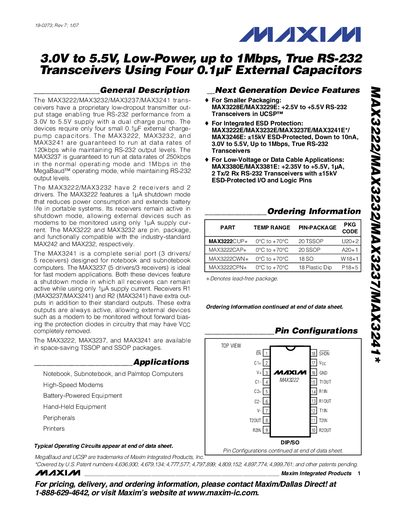 MAXIM INTEGRATED PRODUCTS MAX3222/MAX3232/MAX3237/MAX3241* 3.0V to 5.5V Low-Power up to 1Mbps True RS-232 Transceivers Using Four 0.1 F External Capacitors handbook - cover page