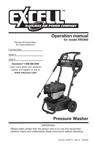 Devilbiss VR2400 Pressure Washer Operation Manual - cover page