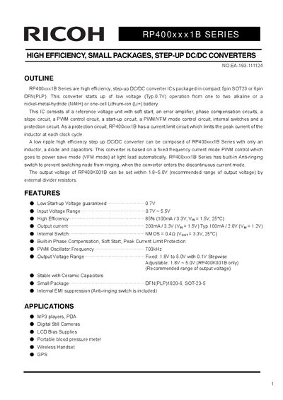 Ricoh RP400xxx1B Series Step-Up DC/DC Converter Datasheet