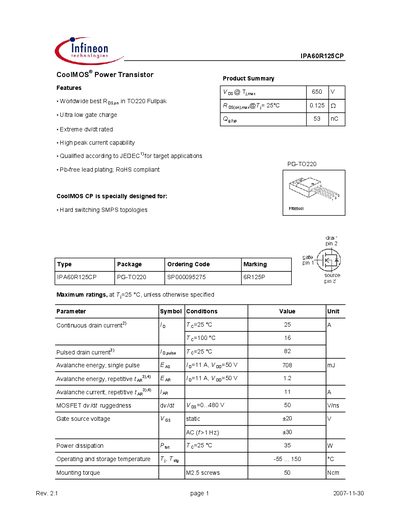 Infineon IPA60R125CP Datasheet - cover page