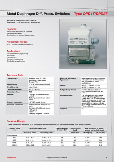 Barksdale DPD1T/DPD2T Metal Diaphragm Differential Pressure Switch Data Sheet