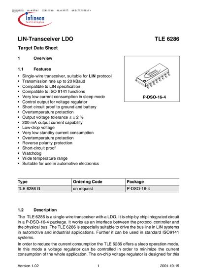 Infineon TLE 6286 LIN-Transceiver LDO Datasheet - cover page