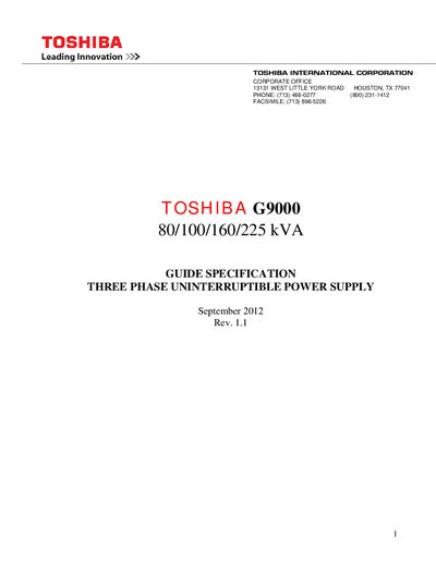 TOSHIBA G9000 80/100/160/225 kVA GUIDE SPECIFICATION THREE PHASE UNINTERRUPTIBLE POWER SUPPLY - cover page