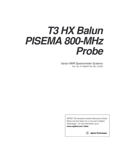Agilent T3 HX Balun PISEMA 800-MHz Probe User Manual - cover page