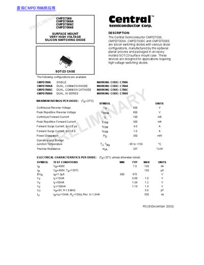 central RY PRELIMINARY CMPD7006 CMPD7006A CMPD7006C CMPD7006S SURFACE MOUNT VERY HIGH VOLTAGE SILICON SWITCHING DIODE handbook - cover page