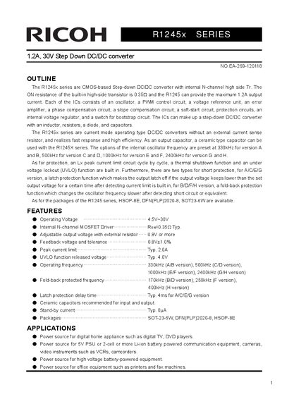 Ricoh R1245x Series Step Down DC/DC Converter Datasheet