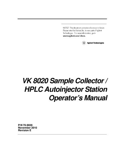 Agilent VK 8020 Sample Collector HPLC Autoinjector Operator's Manual - cover page