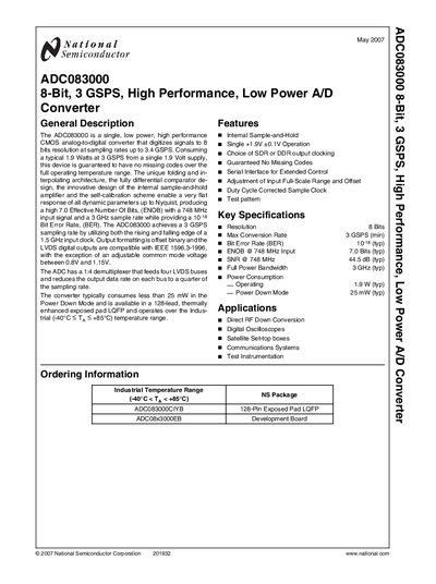 National ADC083000 8-Bit 3 GSPS High Performance Low Power A/D Converter Datasheet - cover page