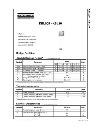 Fairchild KBL005‑KBL10 Bridge Rectifier Datasheet - cover page