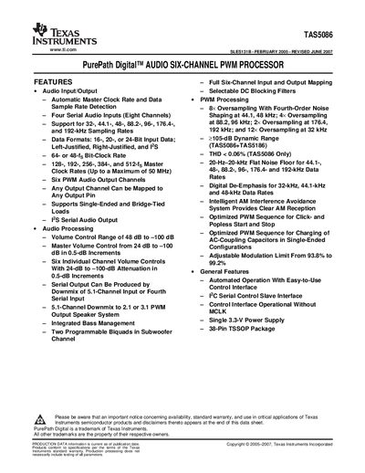 Texas Instruments TAS5086 PurePath Digital Audio Six-Channel PWM Processor Datasheet - cover page