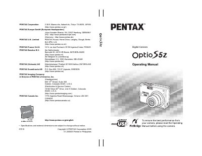 Pentax Optio S5Z Digital Camera Operating Manual - cover page