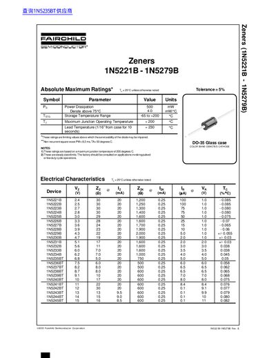 Fairchild Semiconductor 1N5221B-1N5279B Zener Diode Datasheet - cover page