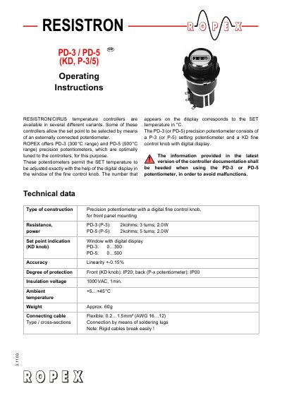 ROPEX PD-3/5 P-3/5 KD technology data - cover page