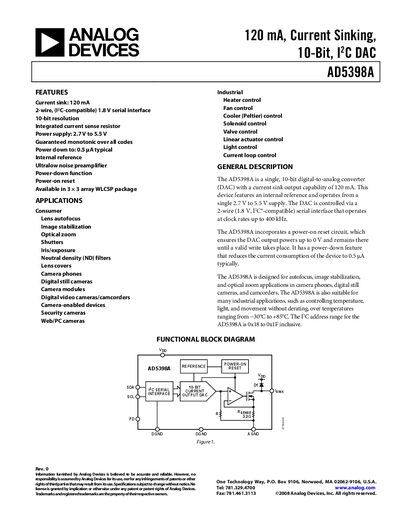 Analog Devices AD5398A 10‑Bit Current‑Sinking DAC Datasheet - cover page