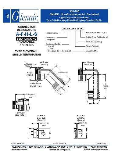 Glenair 380-106 EMI/RFI Non-Environmental Backshell Product Specification - cover page
