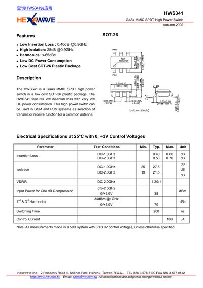 Hexawave HWS341 GaAs MMIC SPDT High Power Switch Datasheet - cover page