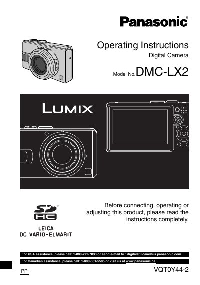 Panasonic DMC-LX2 Digital Camera Operating Instructions - cover page